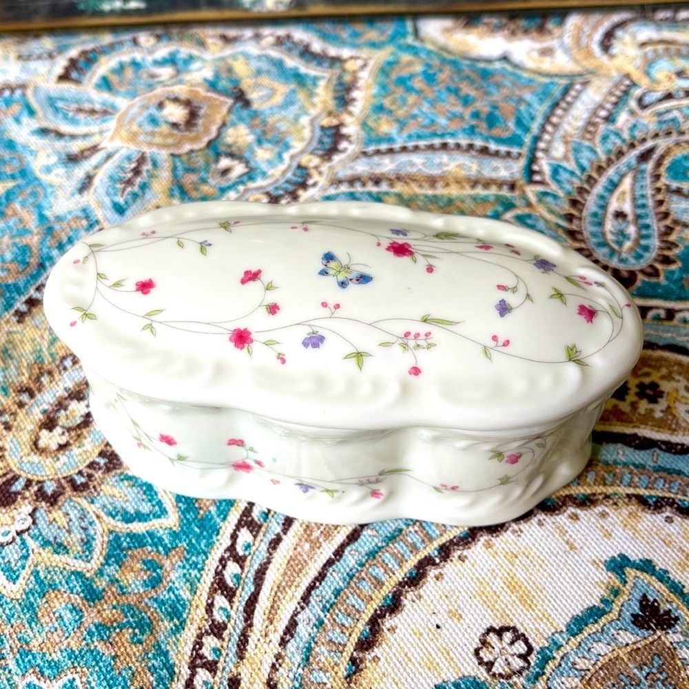 Porcelain Oblong Trinket Box Vintage Floral Butterfly Jewelry Box